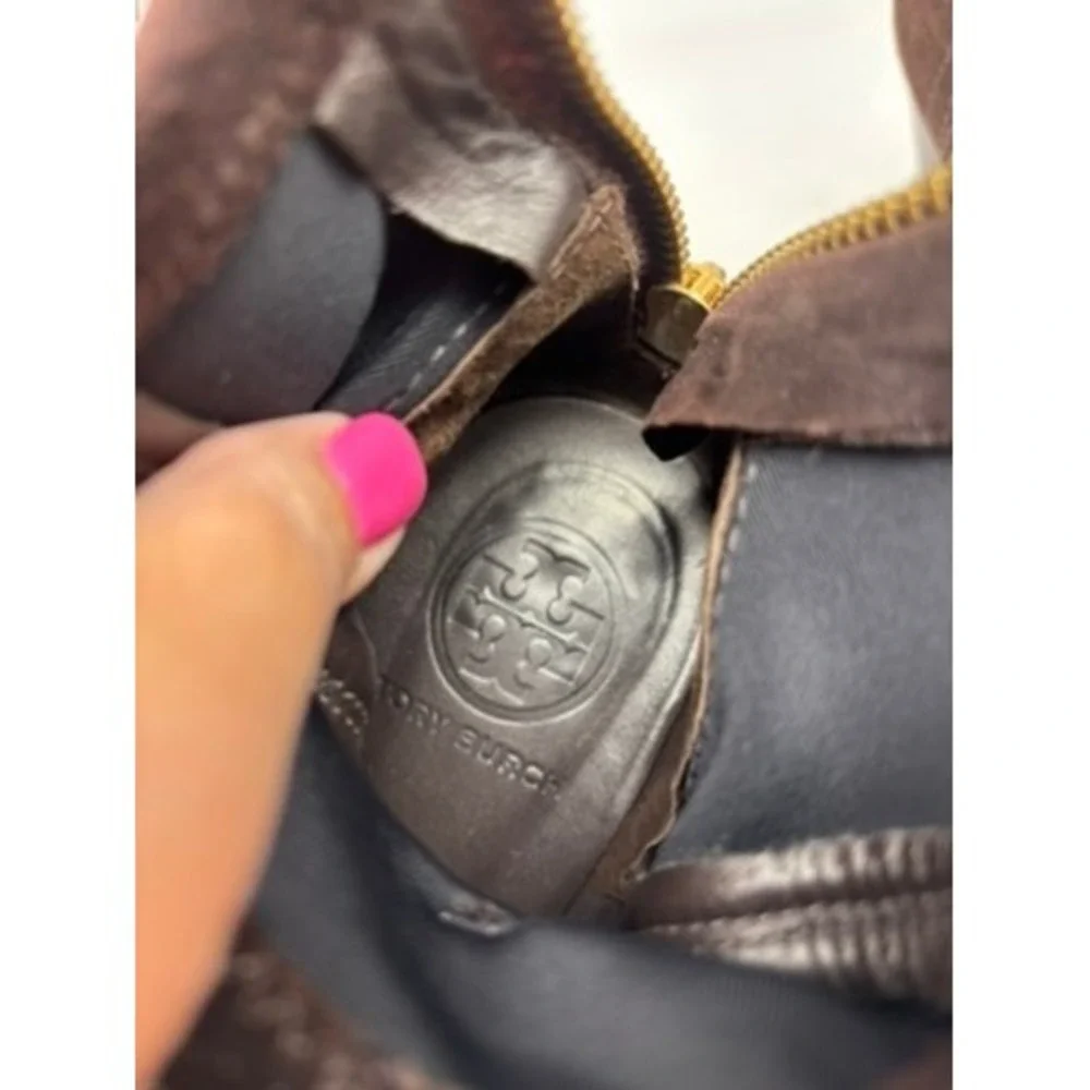 Tory Burch Ankle Boots Women‎ 6.5 Brown Suede Melrose Buckle Logo Back Zip Heel